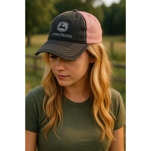 John Deere Women's‎ Trucker Hat Pink Mesh Black Denim Baseball Cap Adjustable